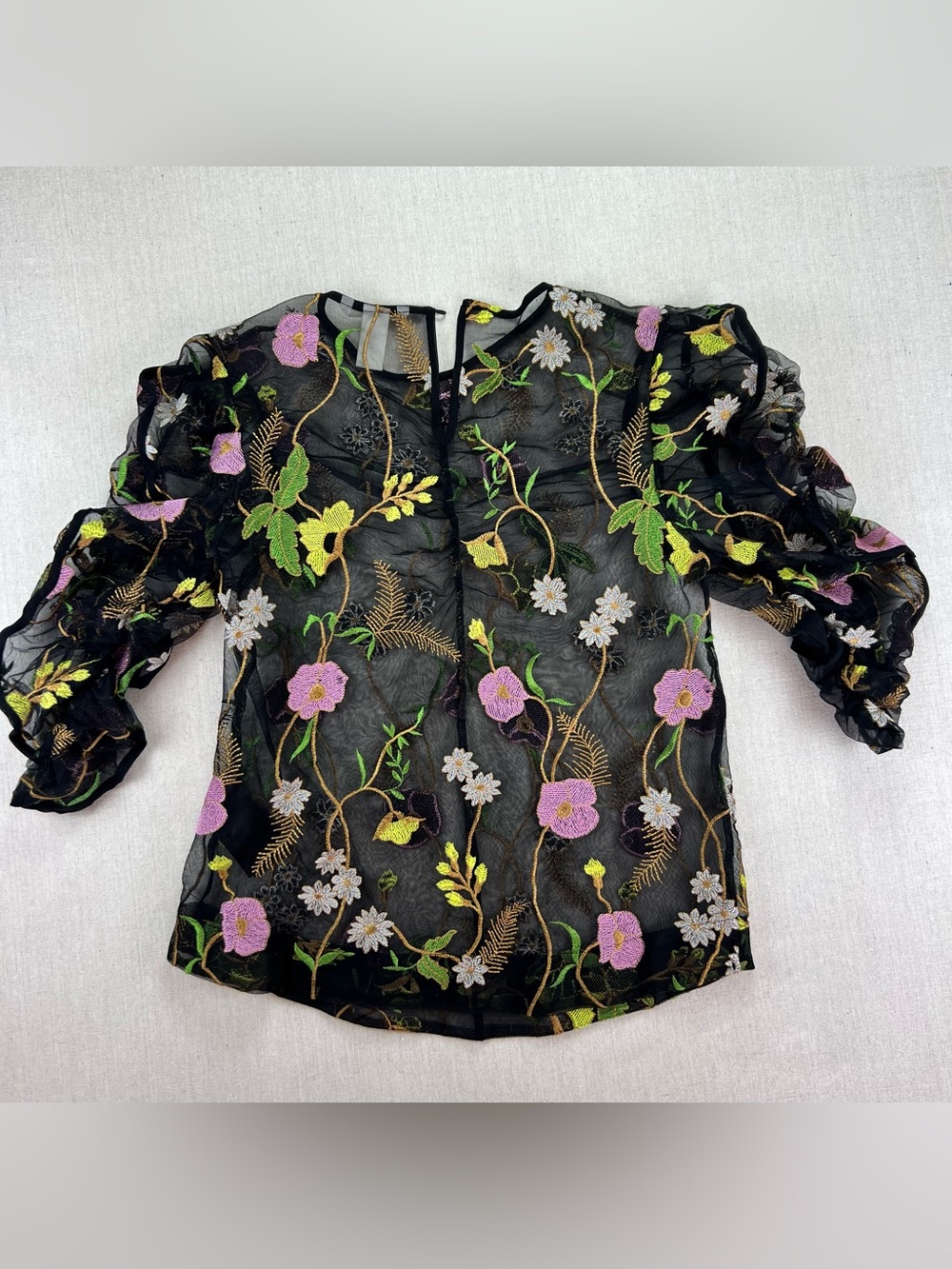 Women's Black Sheer Colorful Embroidered Floral Romantic Puffed Sleeve Blouse -M